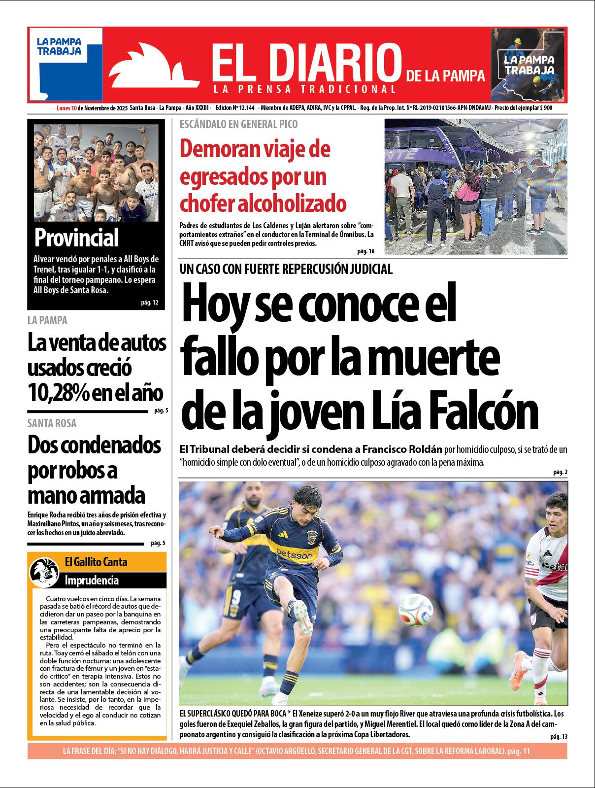 Tapa de El Diario en papel  lunes 10 de noviembre de 2025